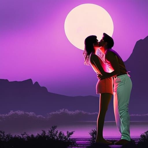 Romantic Kiss Under Purple Moonlight Sky
