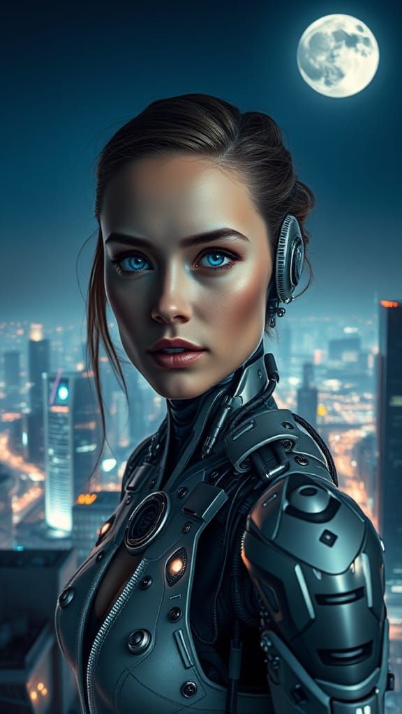 Futuristic Cyborg on Skyscraper Rooftop