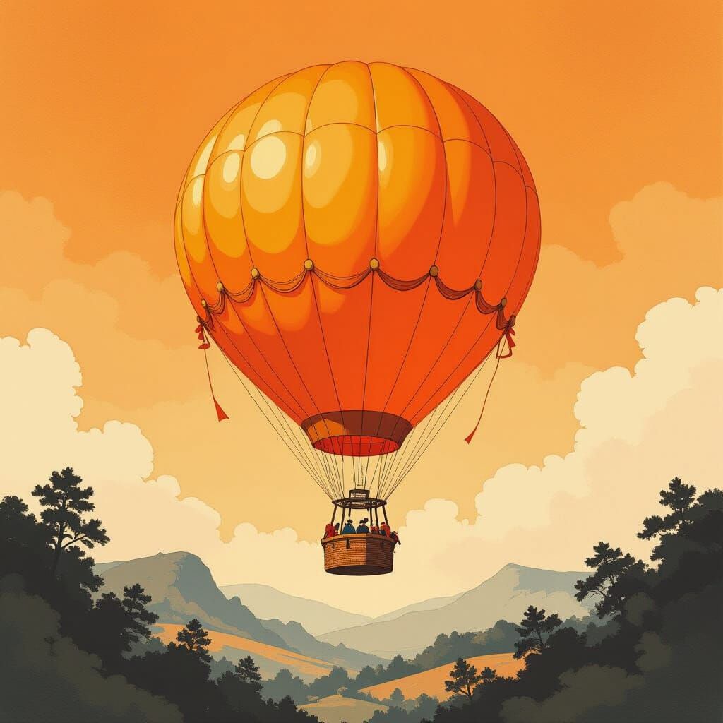 Monochromatic Orange Fantasy Balloon in Ink Wash Style