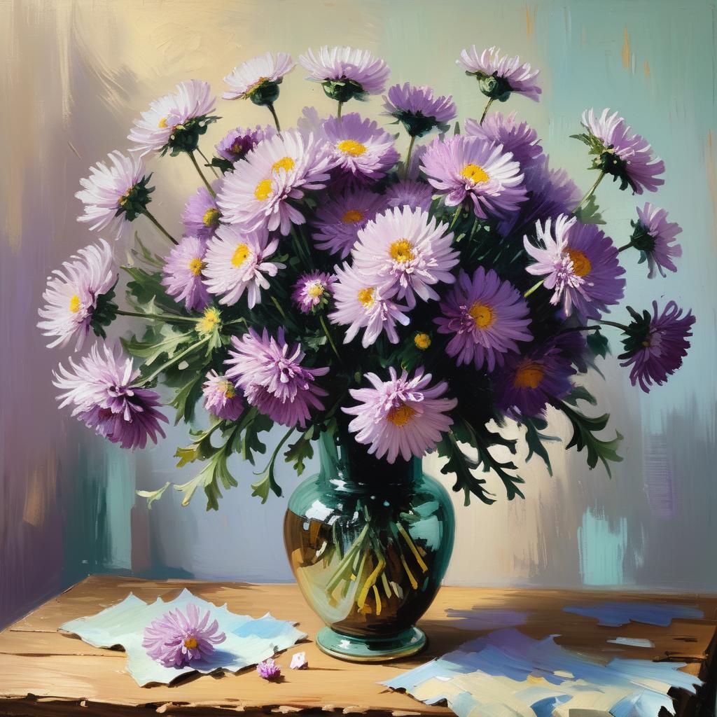 Purple Chrysanthemums Still Life as Impasto Painting