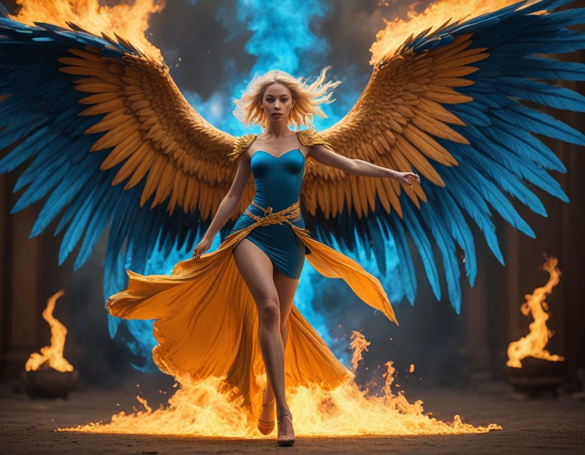 Golden Goddess Rides a Flame with a Phoenix in Pursuit