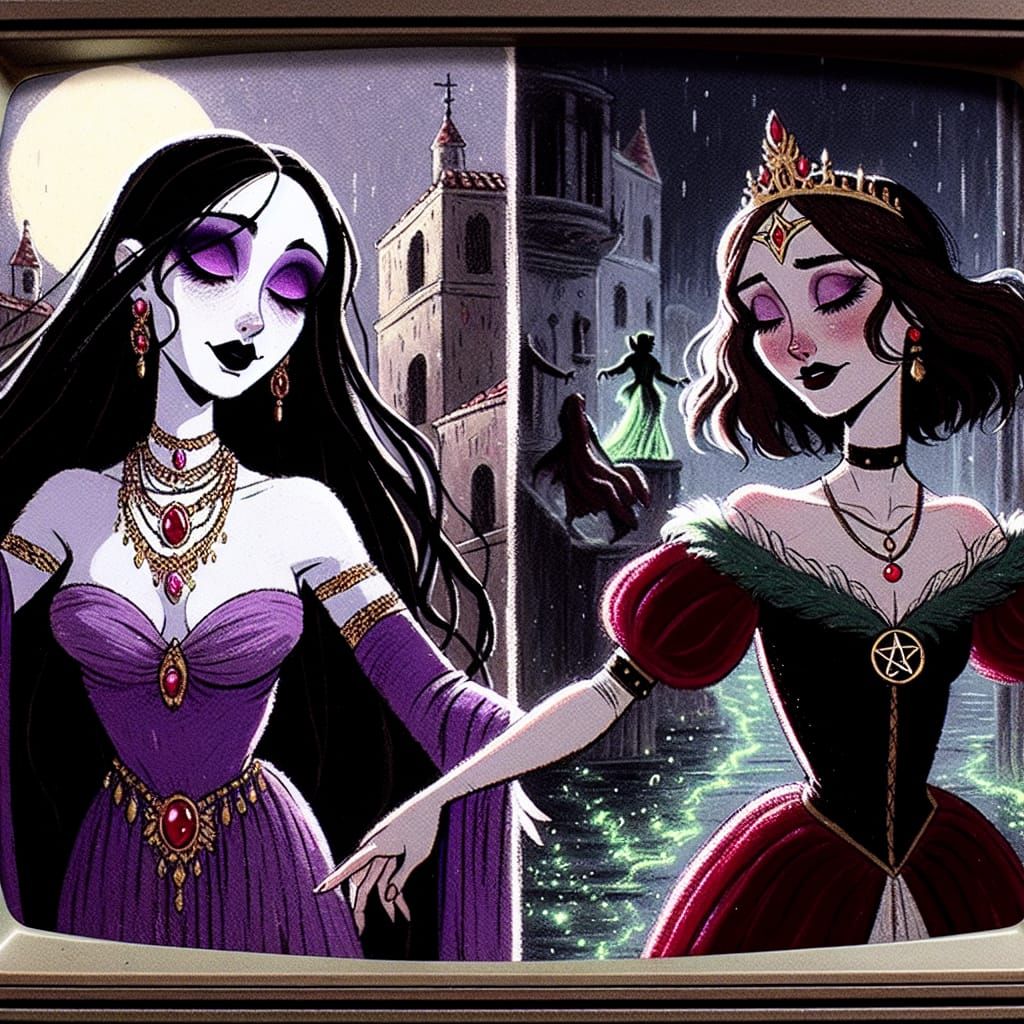 Cartoon Sorceress and Queen Share Emotional Dance