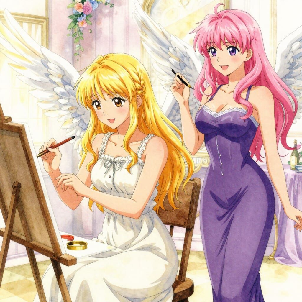 Angels Painting Together in Watercolor Style