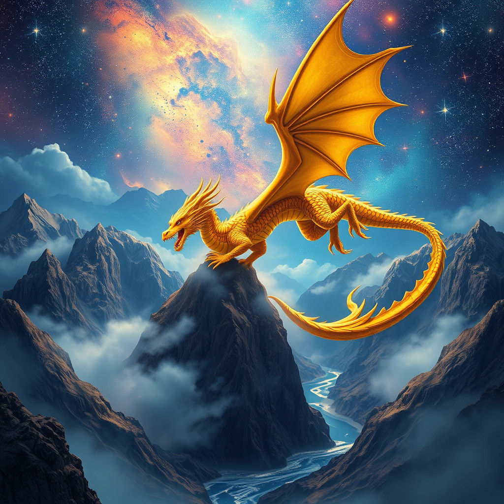Golden Dragon Descent: A Celestial Mountainscape