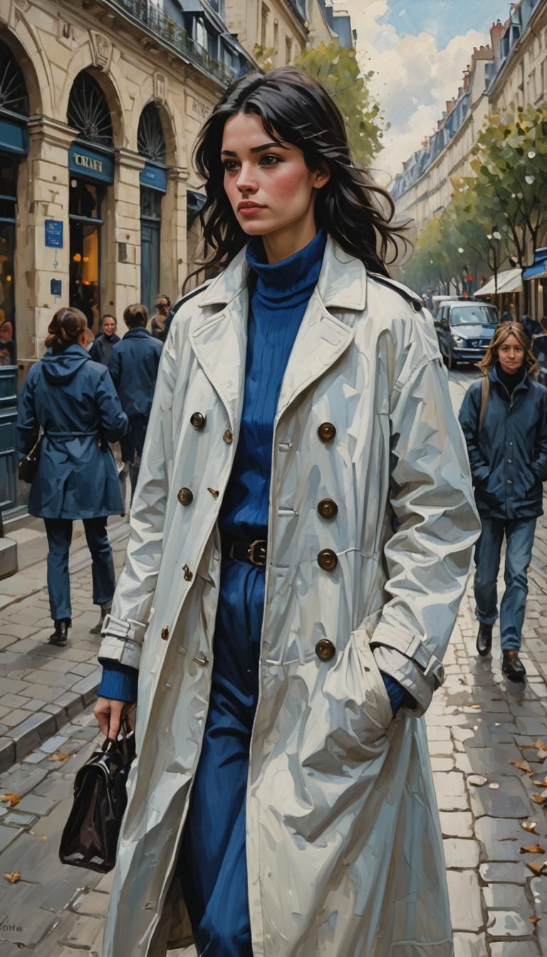 French Girl Walks in Paris: Oil Painting