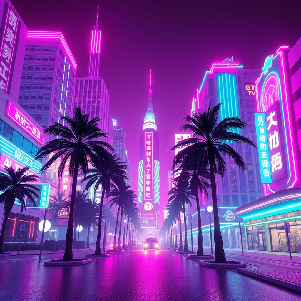 Vaporwave Cityscape with Neon and Retro Vibes