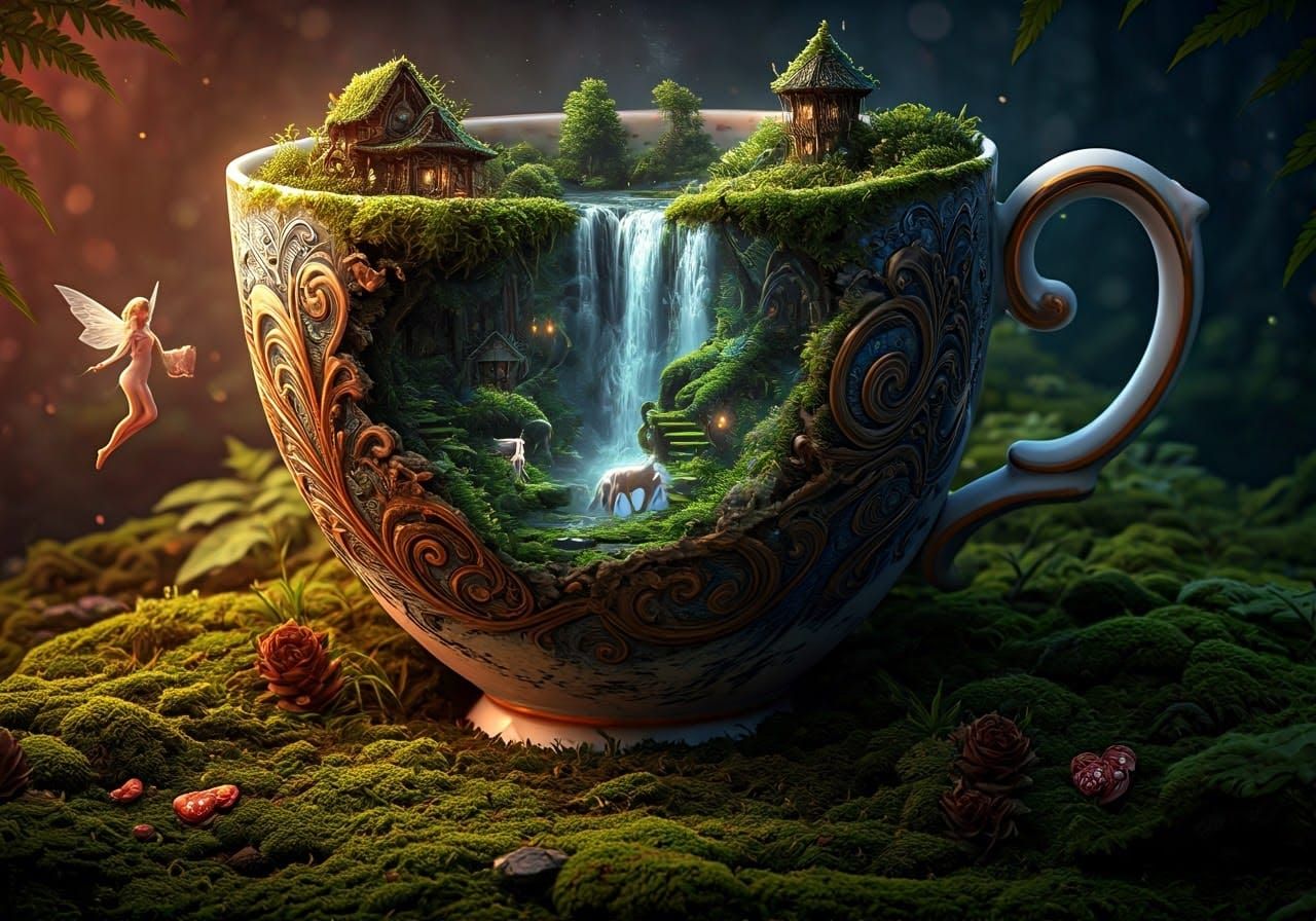 Abandoned in a lush forest, An ornate porcelain tea cup interior, intricately detailed interior walls, contains an encha...