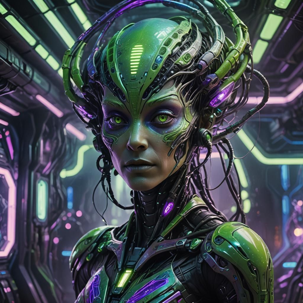 Iridescent Alien Portrait in Neon Starship Interior