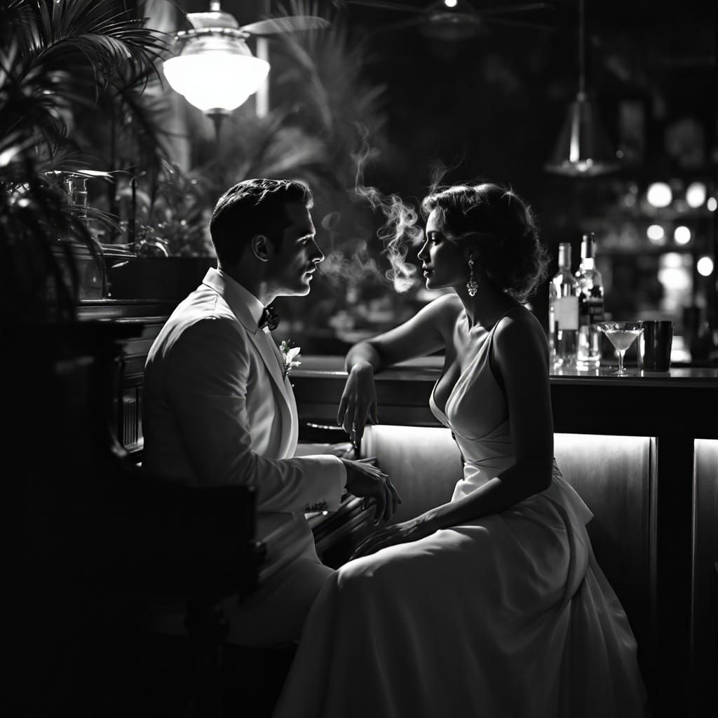 Debonair Gentleman Plays Piano in Smoky Noir Bar