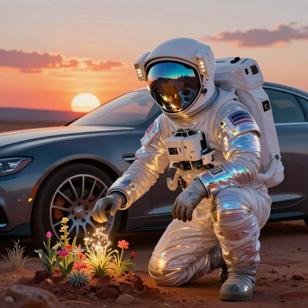 Astronaut Tends Glowing Martian Garden Under Double Sunset