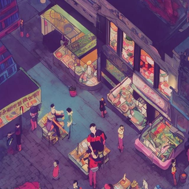 Colorful Street Cafe Illustration in Ghibli Style
