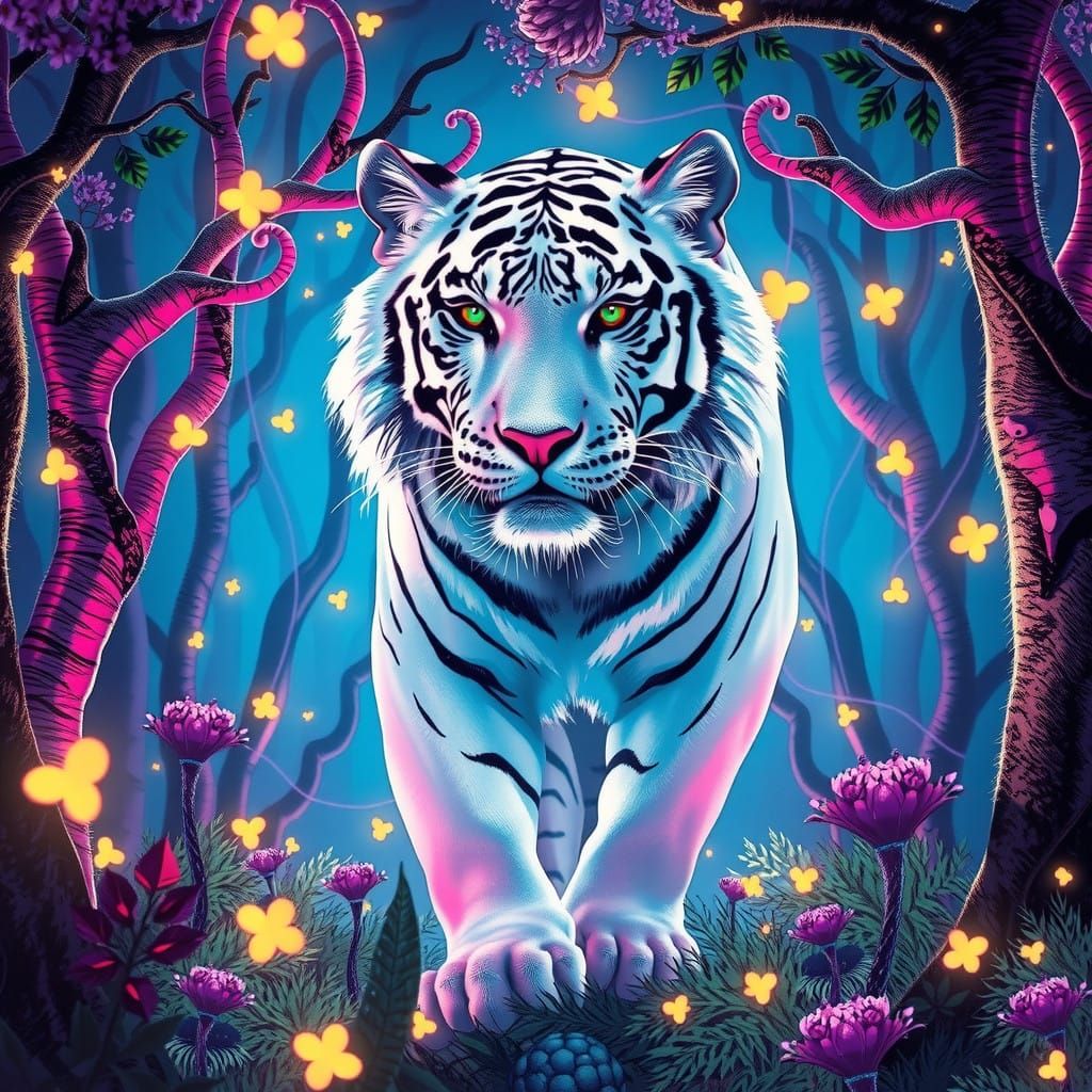 Surreal Whitetiger Illuminates Cyberpunk Forest