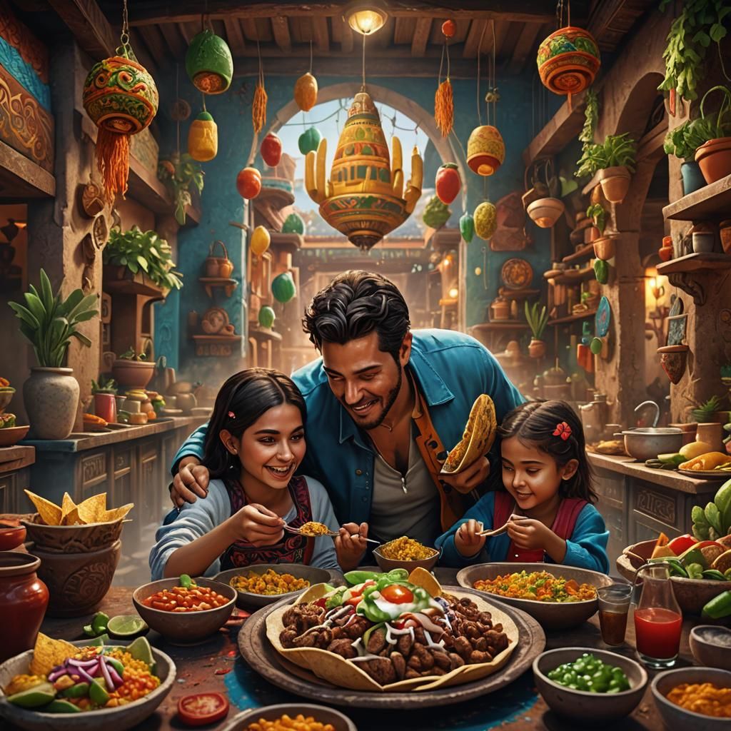Family Meal: Delicious Mexican Cuisine in Matte Painting Sty...