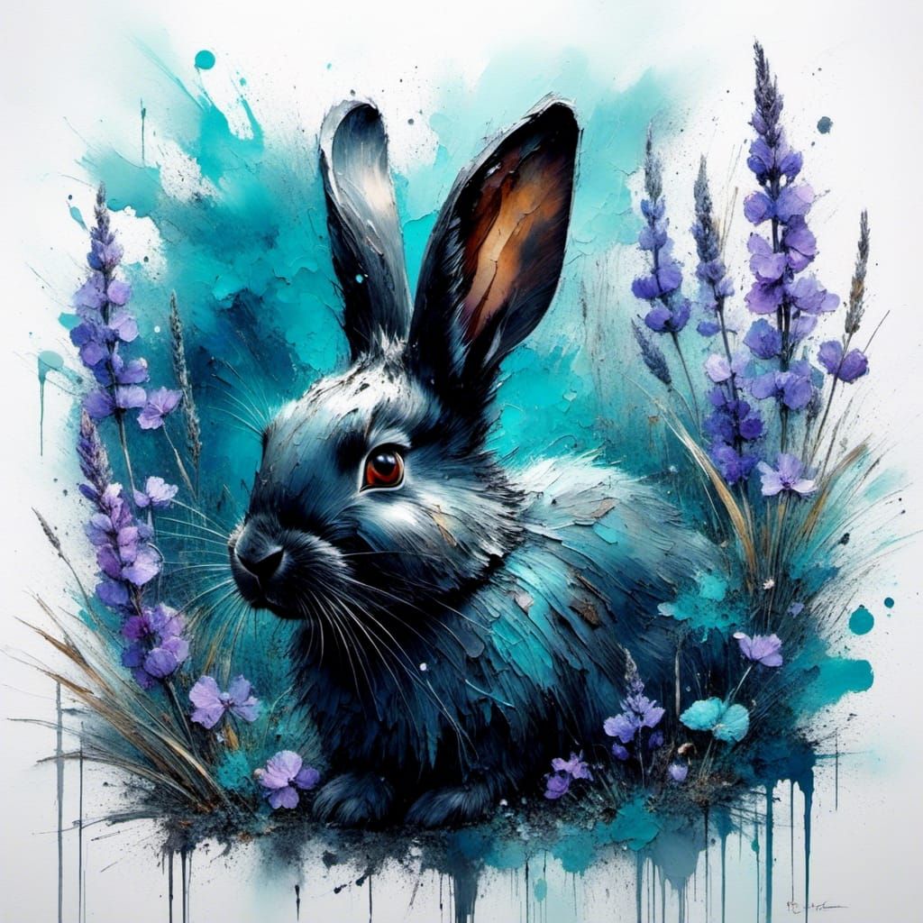 A Beautiful Black Rabbit surrounded by flowers lavender sage and blue bells, teal cyan colour outlines, watercolour il.....