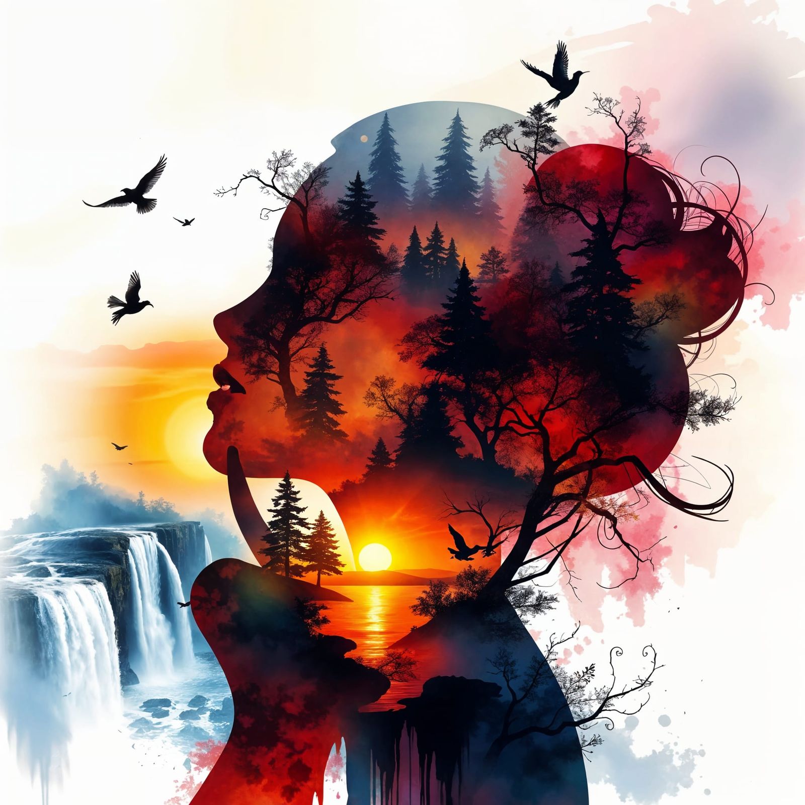 Ethereal Woman's Head in Vibrant Watercolor Style