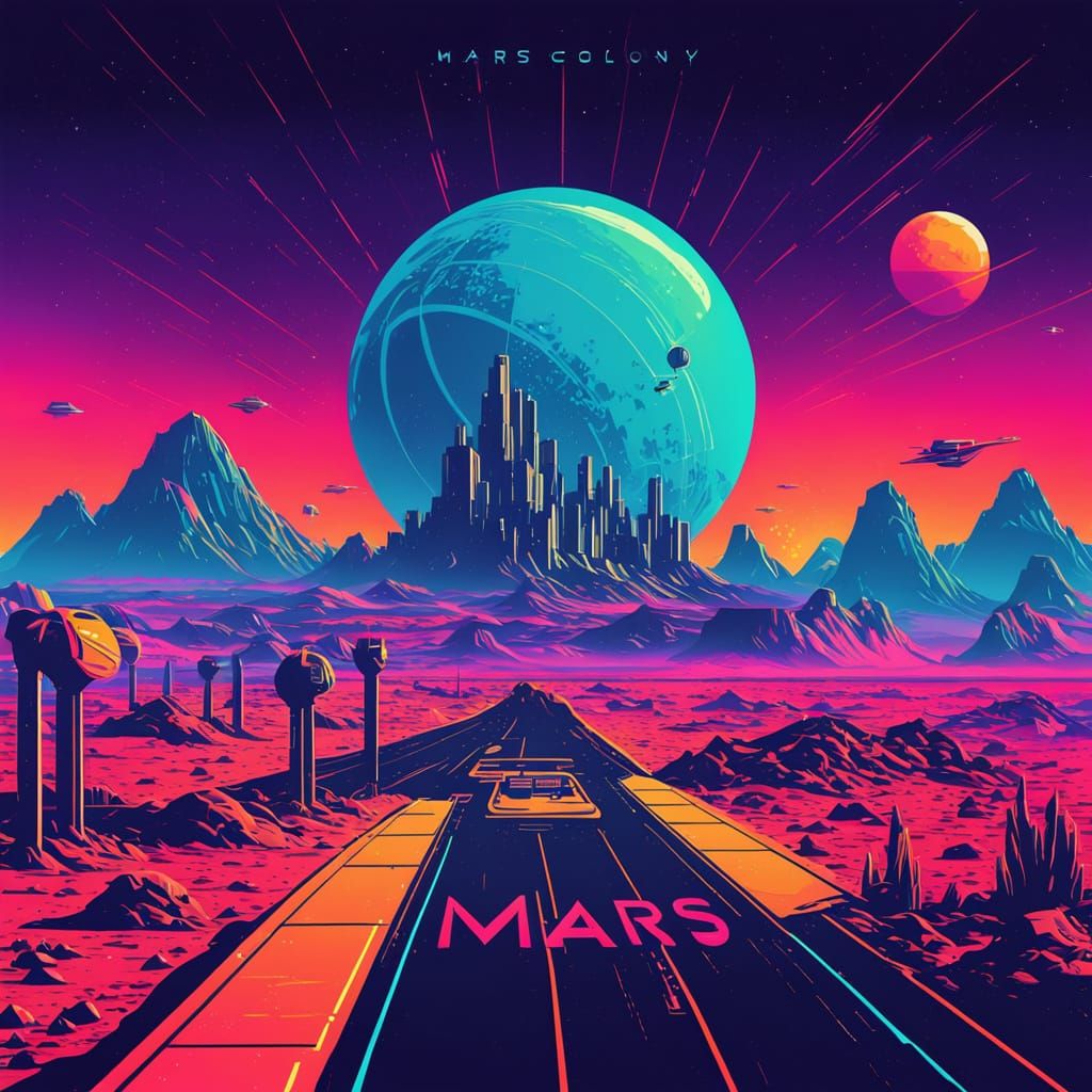 Mars Colony Travel Poster in Synthwave Neon Style