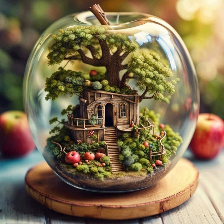 Miniature Living Room Inside an Apple: Watercolor Diorama