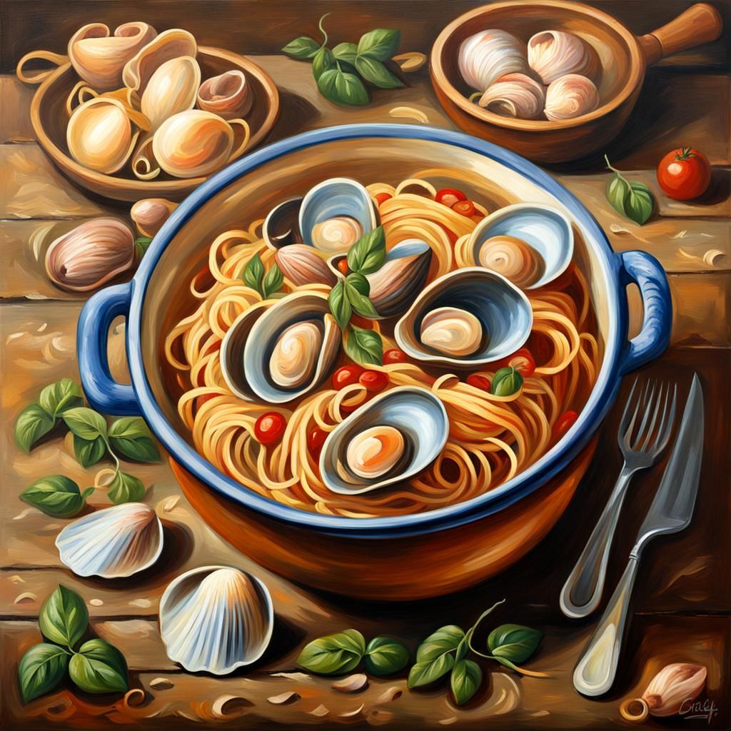 Appetizing Spaghetti alle Vongole: Impressionist Oil Paintin...
