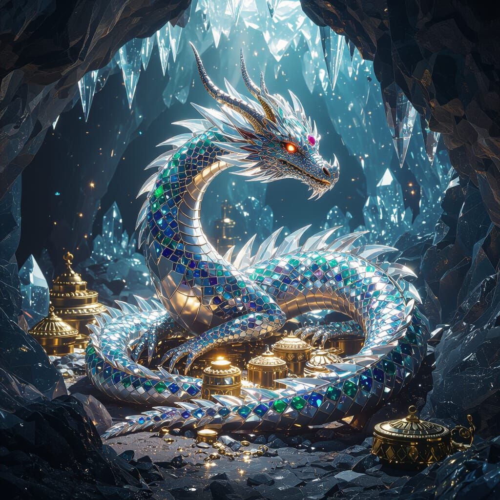 Gemstone Dragon Coiled Around Treasure Troves