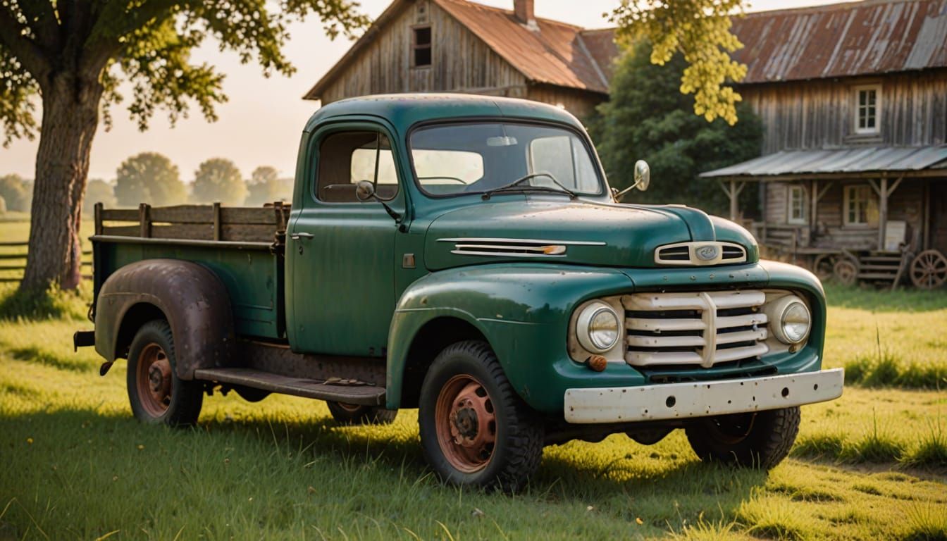 Warm Golden Hour Countryside Scene with Vintage Ford Truck