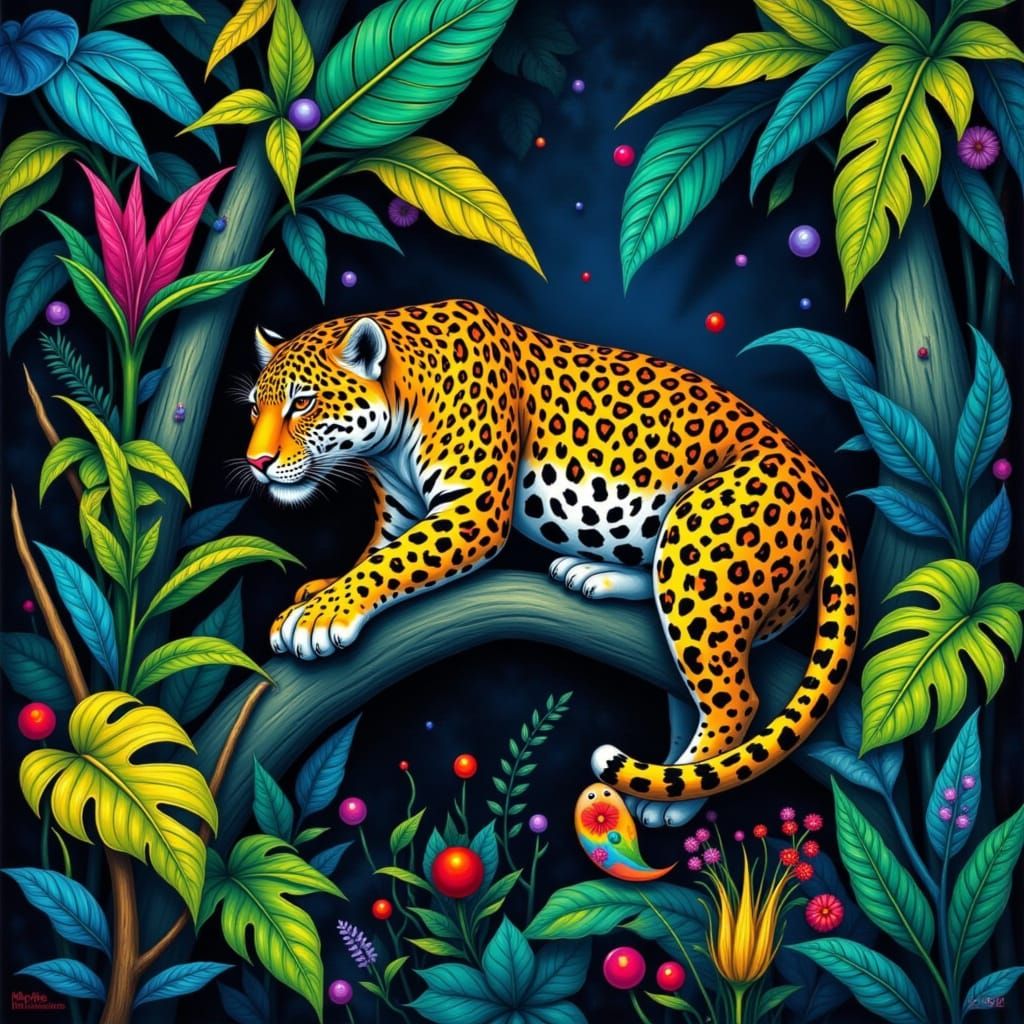 Vibrant Jaguar in Lush Rainforest as Impasto Painting