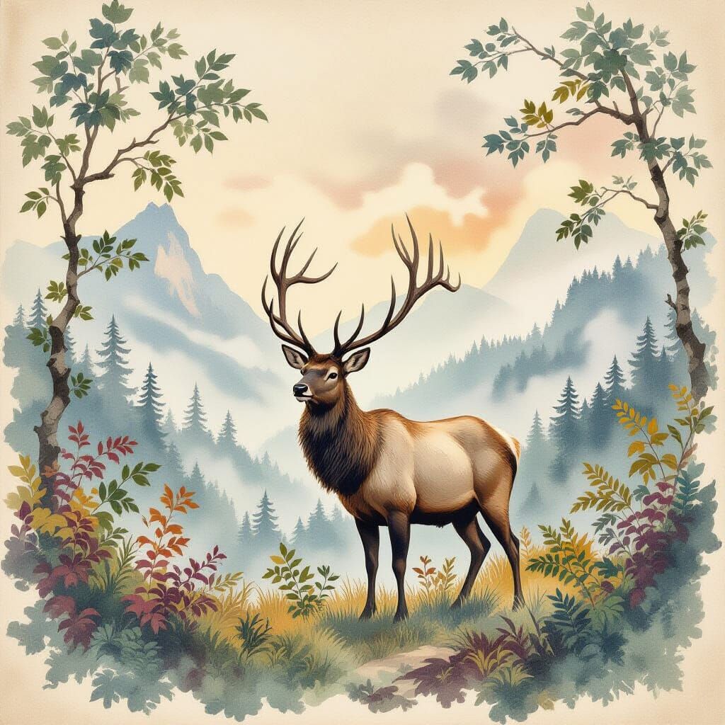Elk in Serene Landscape, Watercolor Botanical Art