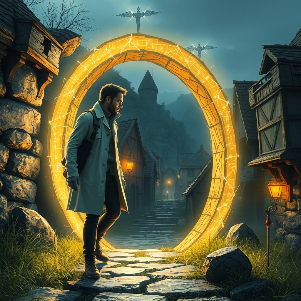 A modern scientist stepping through a glowing portal into a ...