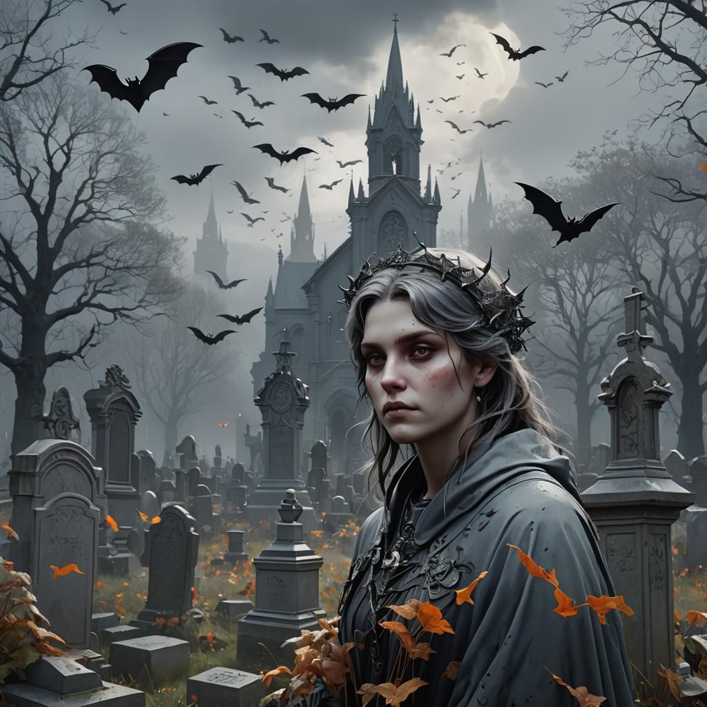 Eerie Graveyard Scene with Bats, Hyperdetailed Digital Art