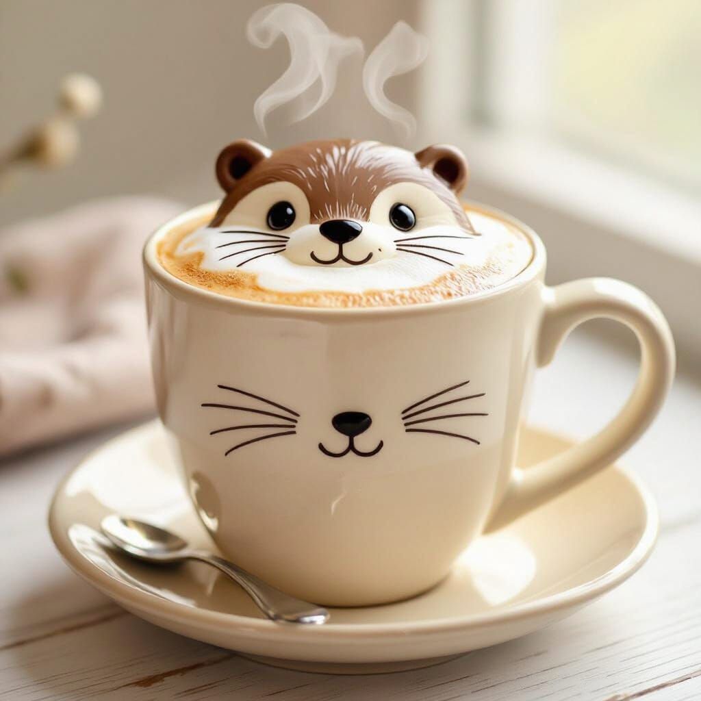 Latte with Otter Art in Whimsical Style