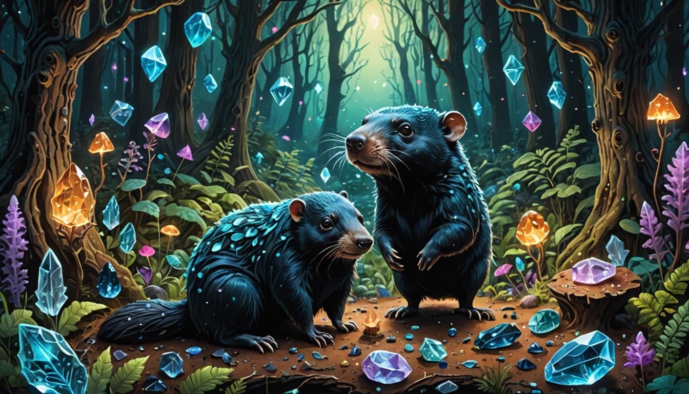 Bioluminescent Mole Spirit Animal in Crystal Forest