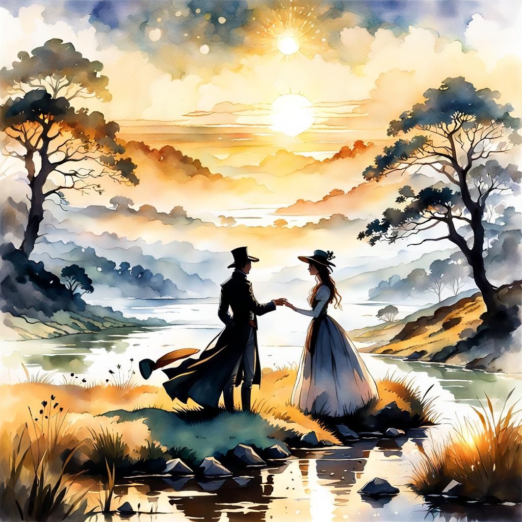 Romantic Sunrise Kiss in Lush Landscape, Watercolor Style