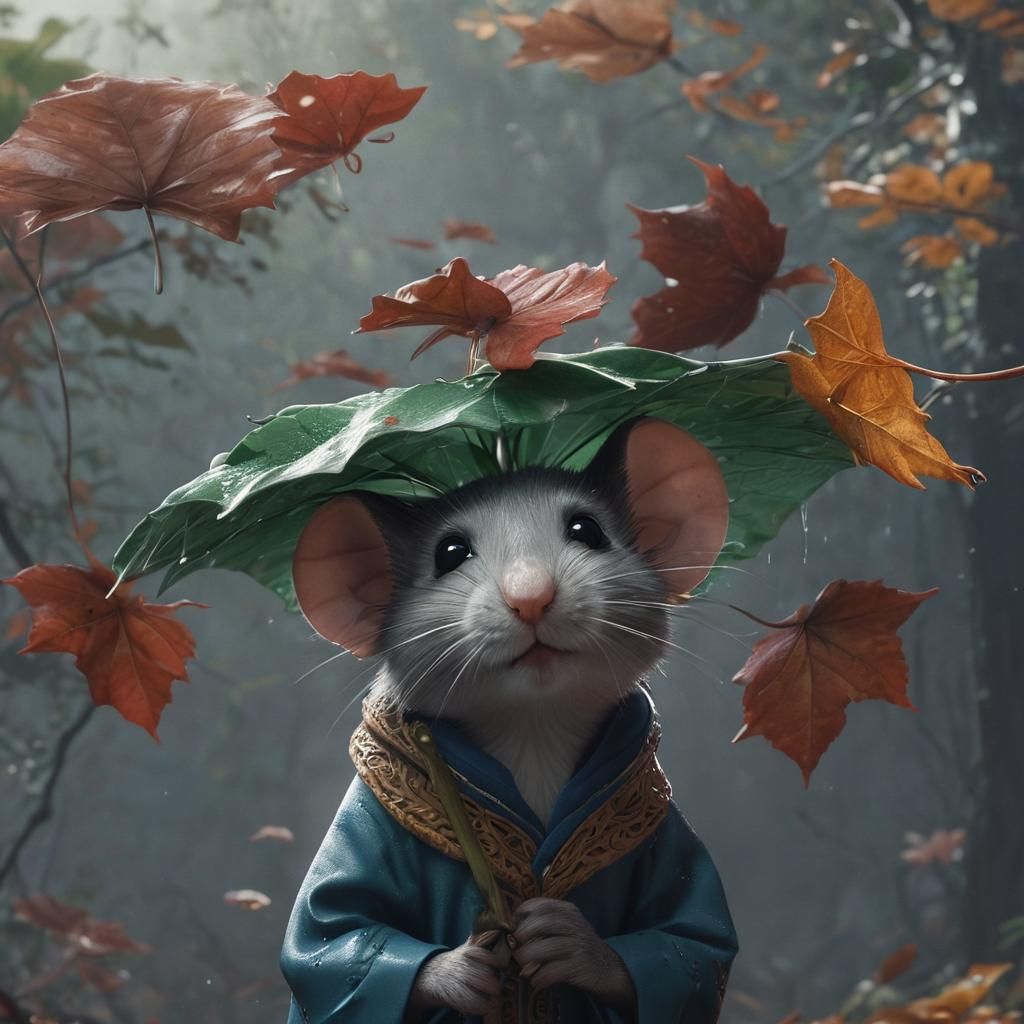 Surreal Mouse Defies Rain Under a Vibrant Leaf Umbrella