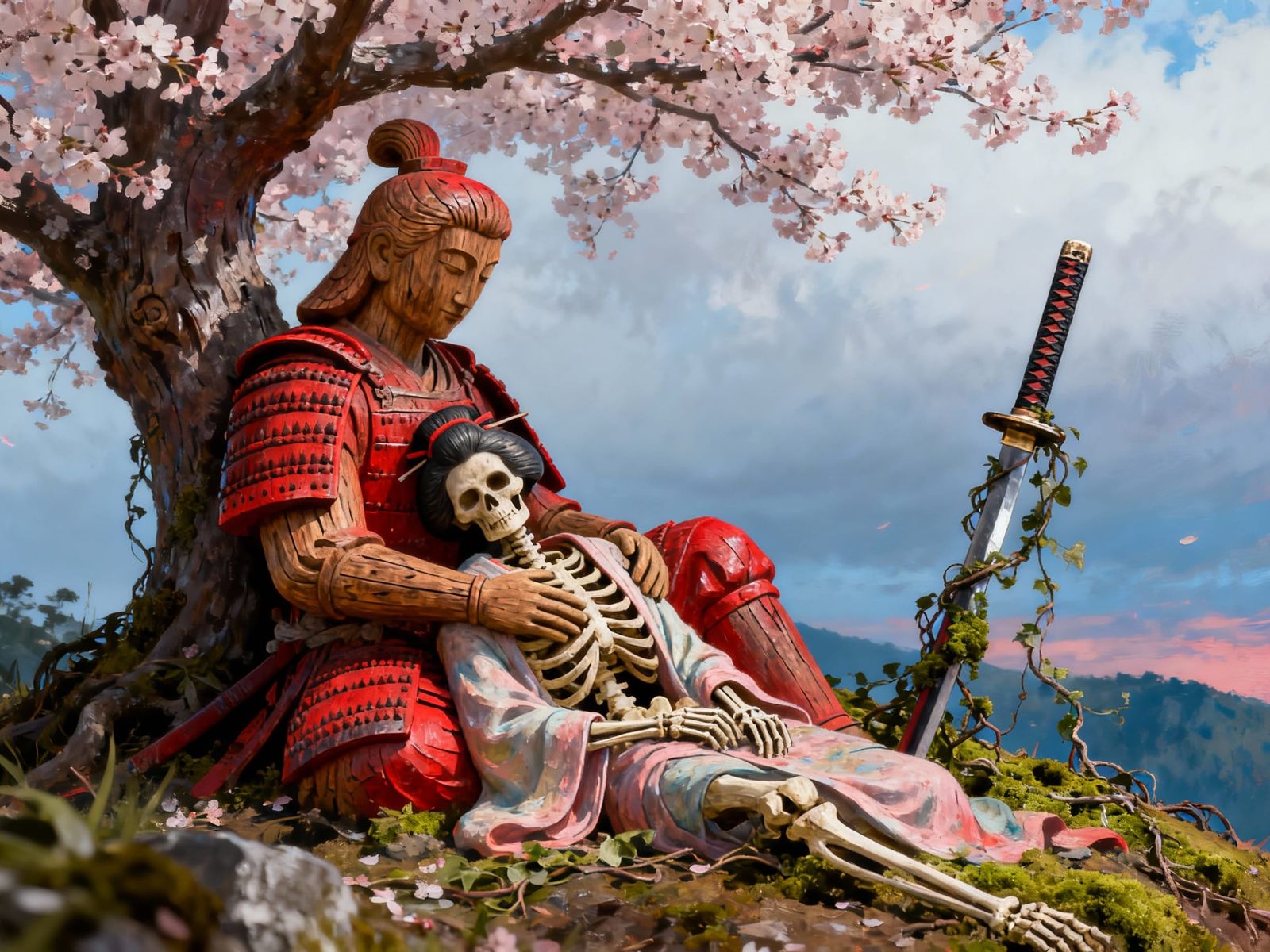 Wooden Samurai Statue with Geisha Skeleton Under Cherry Blos...