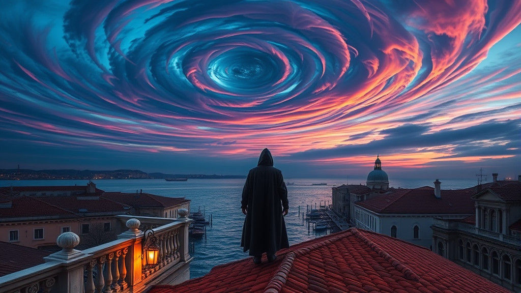 Venetian Dusk: Hooded Figure Overlooking Grand Canal