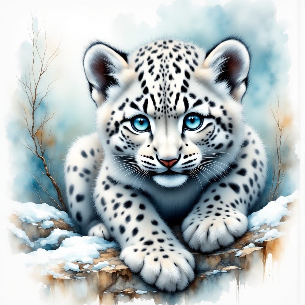 Adorable Snow Leopard Cub on Rocky Ledge