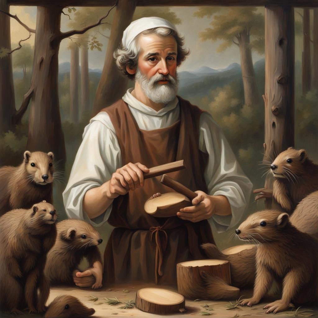 Saint Joseph Woodworking with Beavers Painting