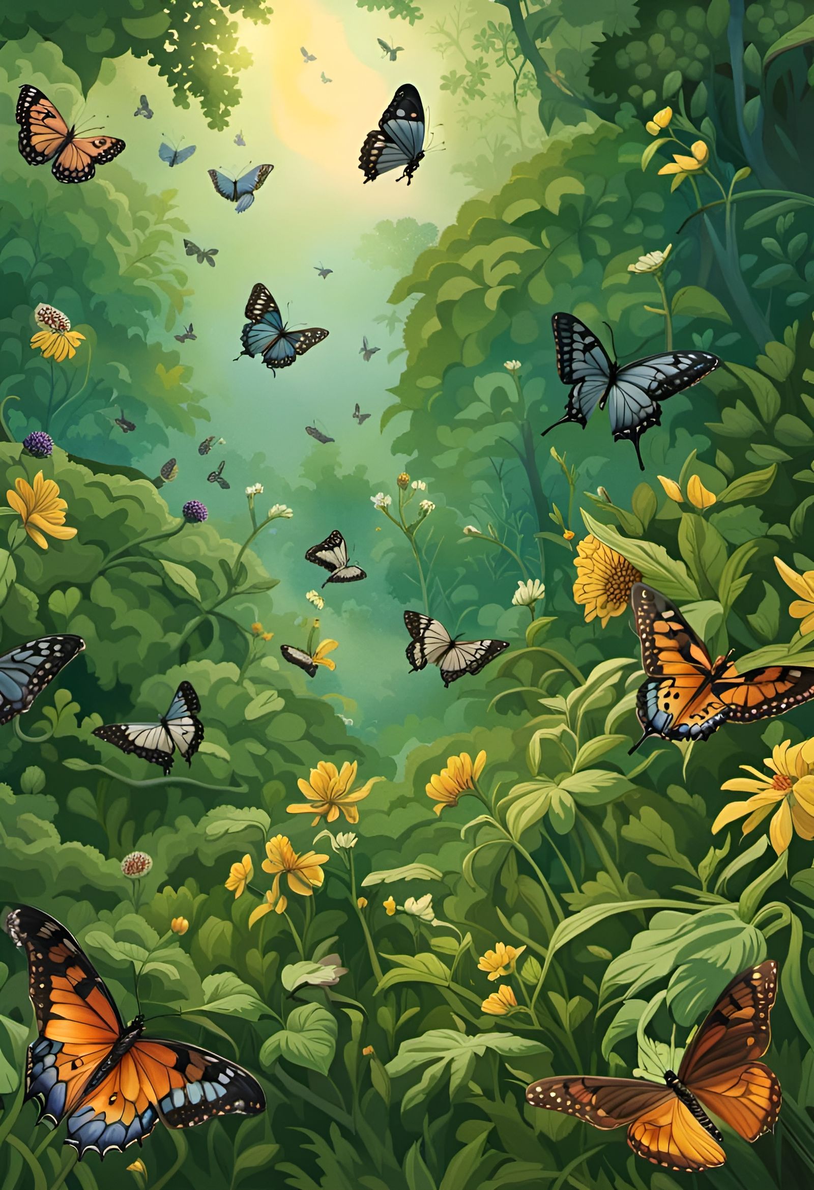 Butterflies Over Lush Forest, Scientific Illustration