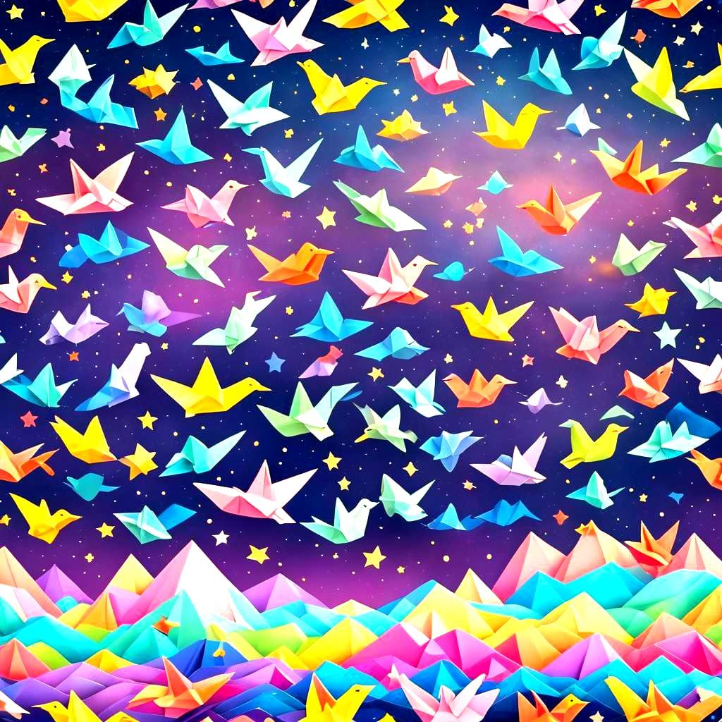 Colorful Origami Ducks Swimming in Rainbow Sea