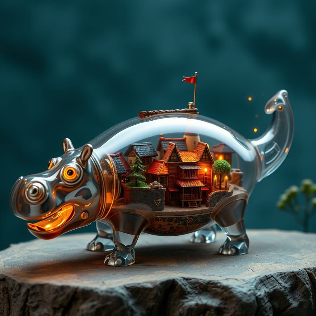 Transparent Glass Hippopotamus Transports Miniature Village