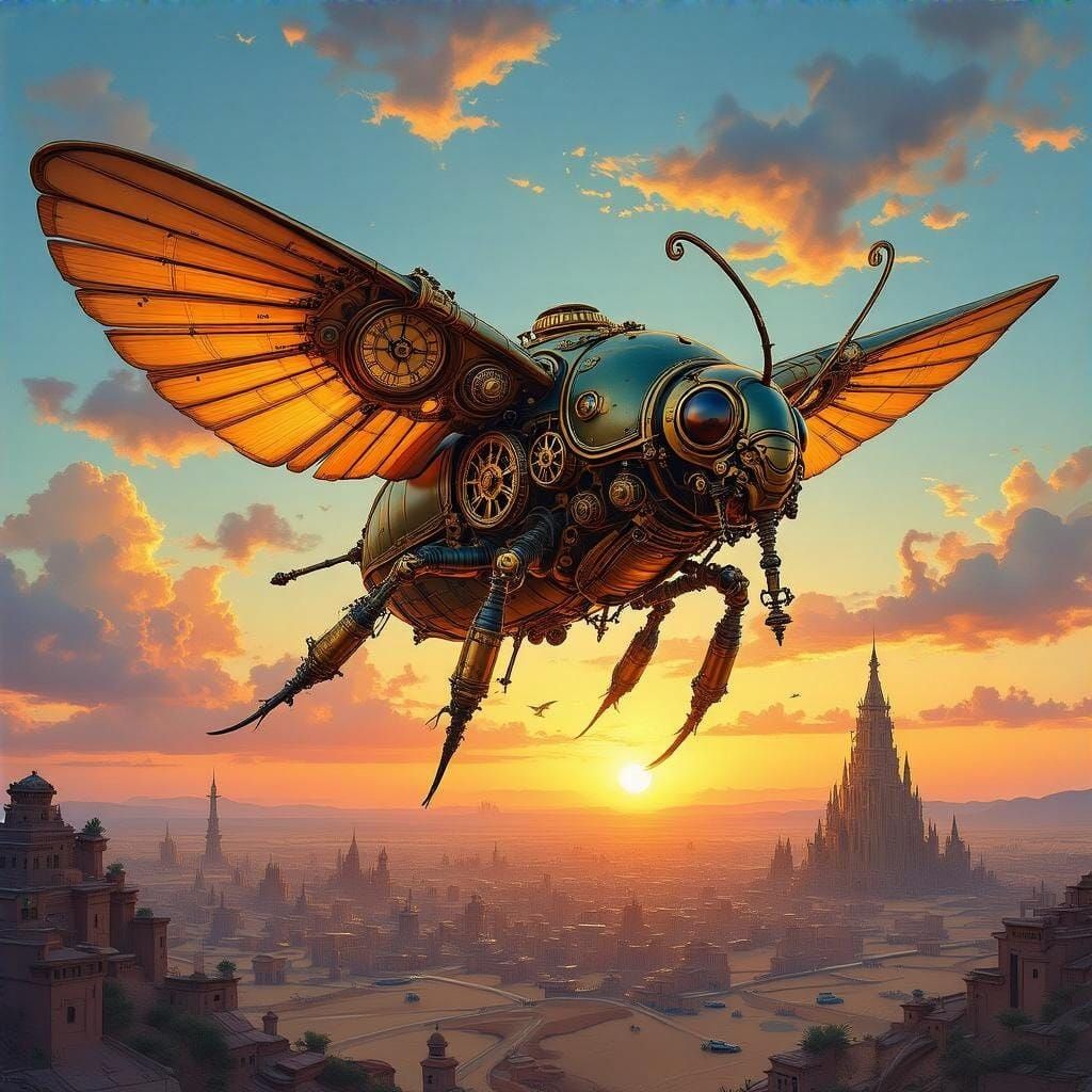 Steampunk Scarab Ornithopter Over Desert City