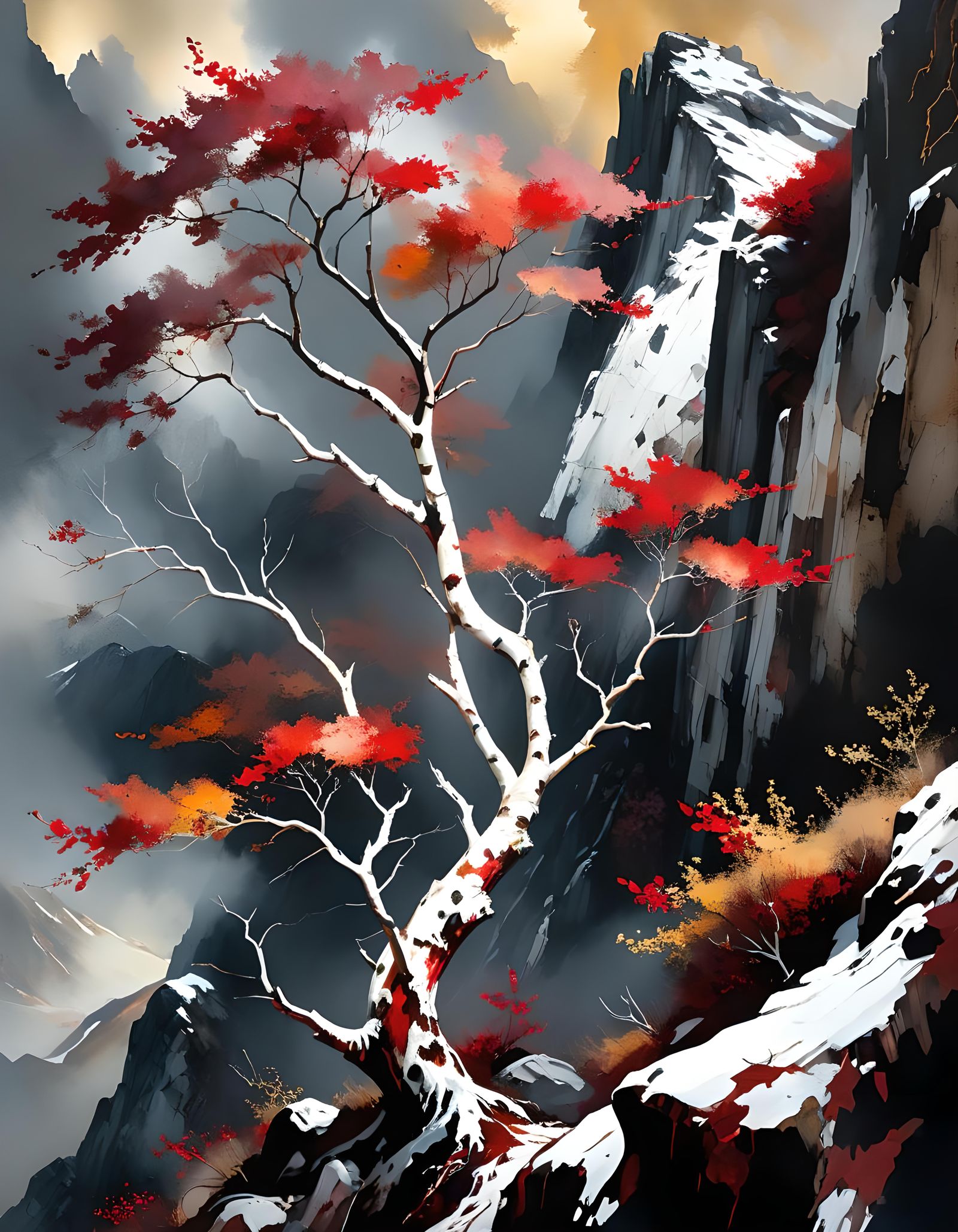 Surreal Autumn Mountainscape with Red Birch, Vintage Style