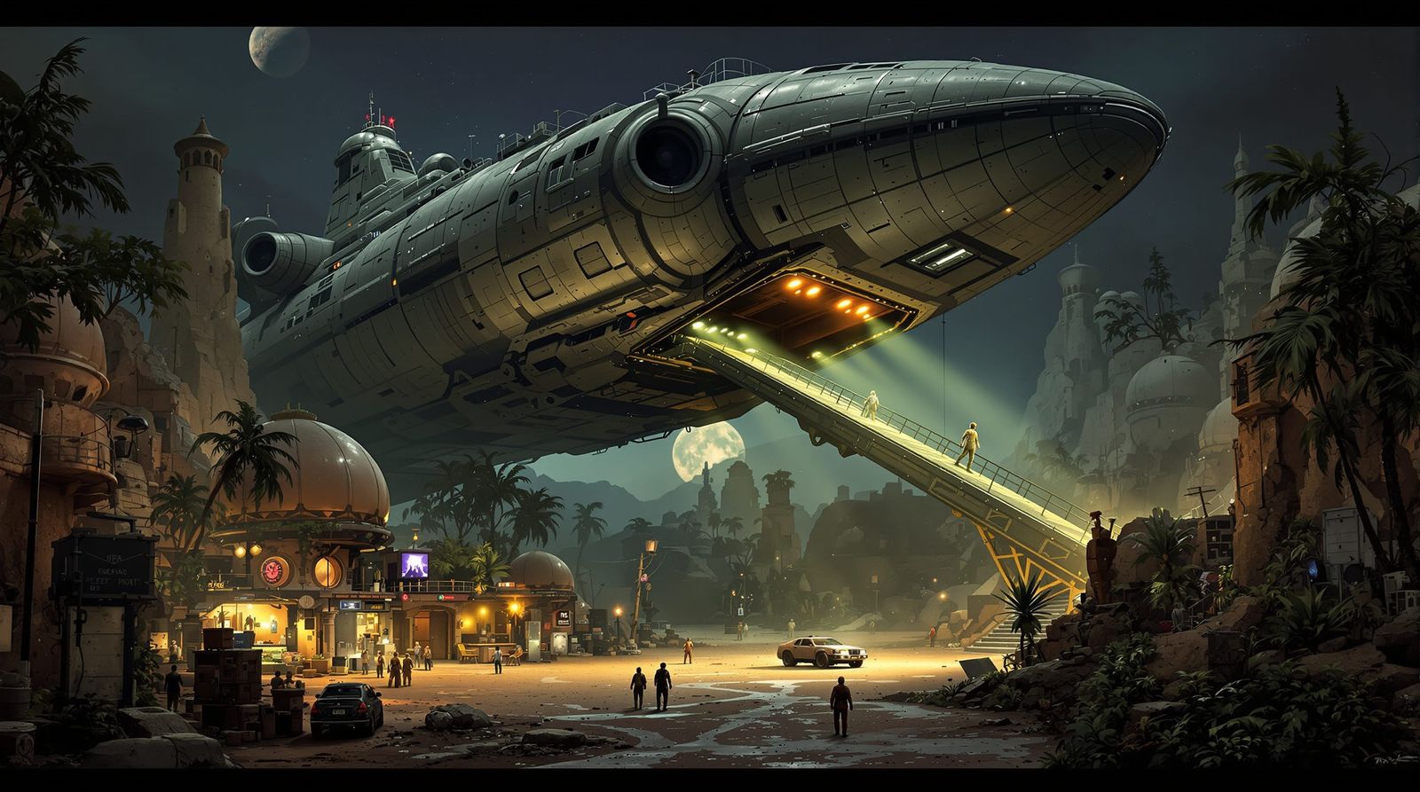 Colossal Sci-Fi Spaceship Over Alien Jungle Town at Night