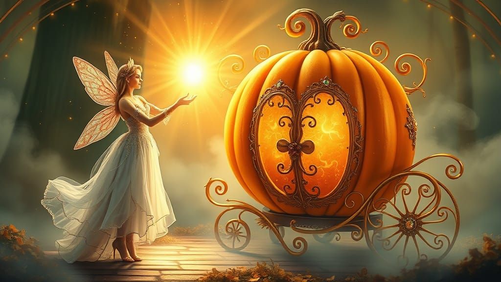 Whimsical Fairy Godmother Transforms Pumpkin into Carriage i...