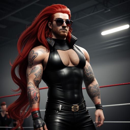 Surreal Wrestler in Red Leather Outfit, Hyper-Realistic 3D I...