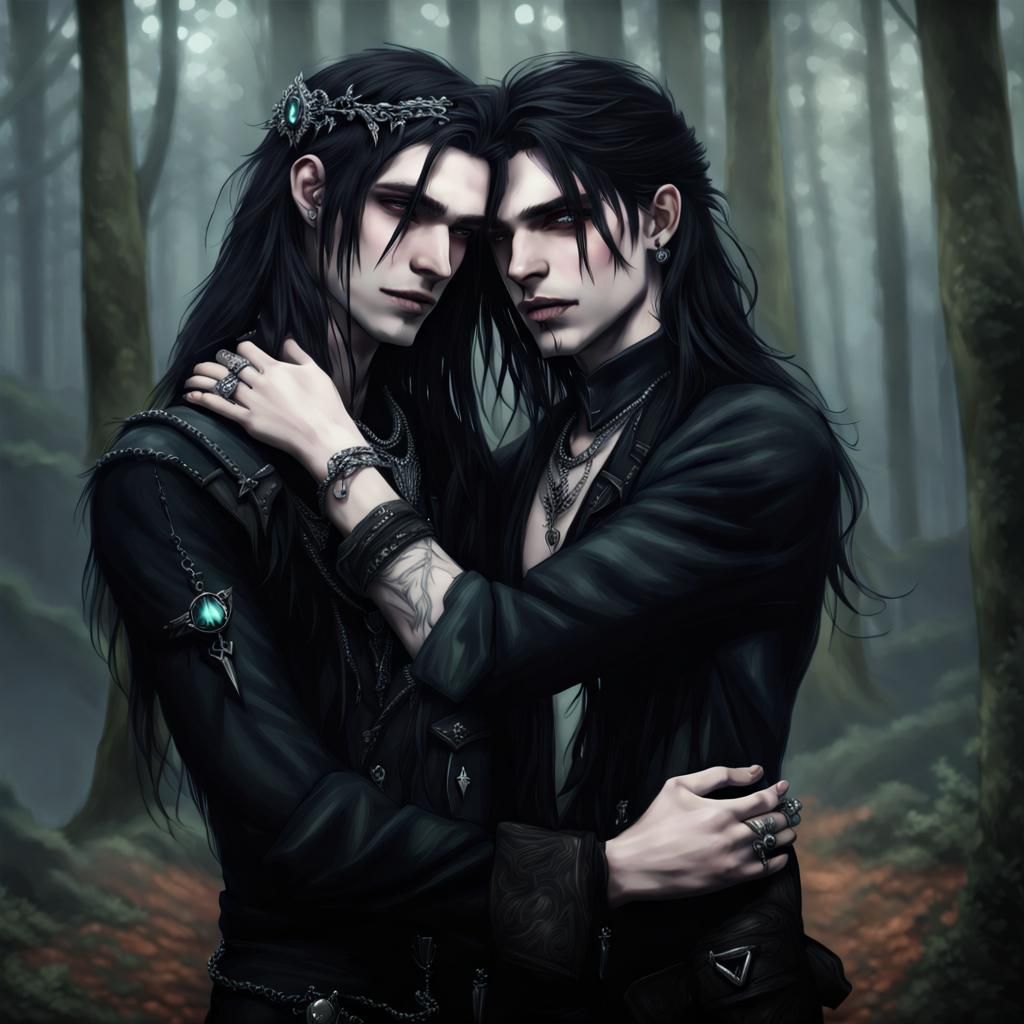 Goth Boys Hugging in Dark Forest