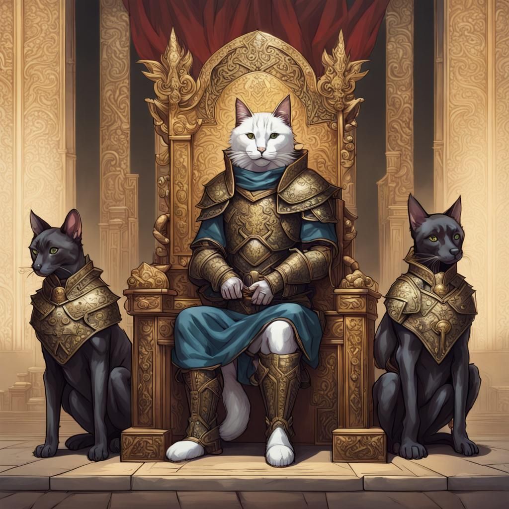 Cat King on Throne with Armored Dog Guards