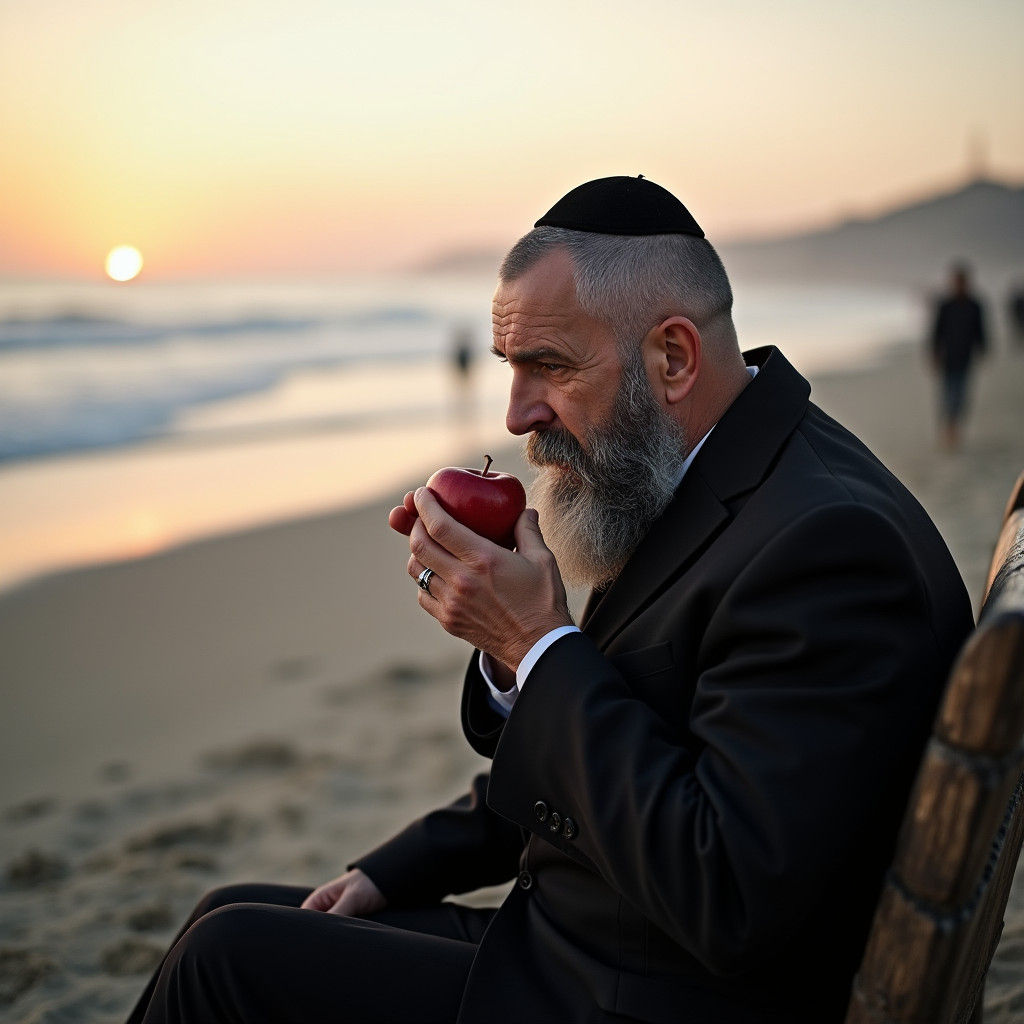 Orthodox Jew Enjoys Apple on Beach at Sunset
