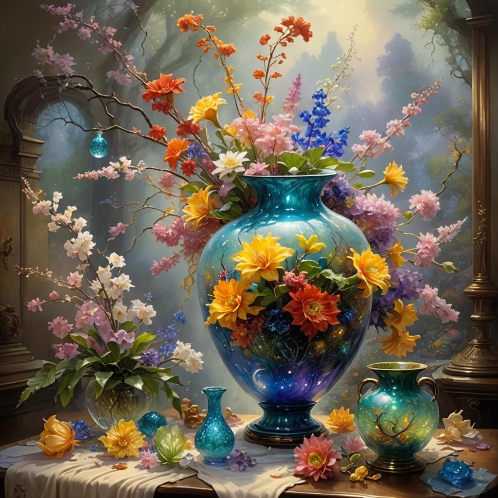 Floral Still Life with Volcanic Glass, Hyperdetailed