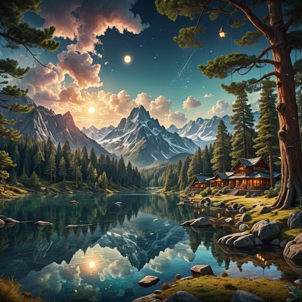 Surreal Mountain Lake Landscape in Digital Art Style