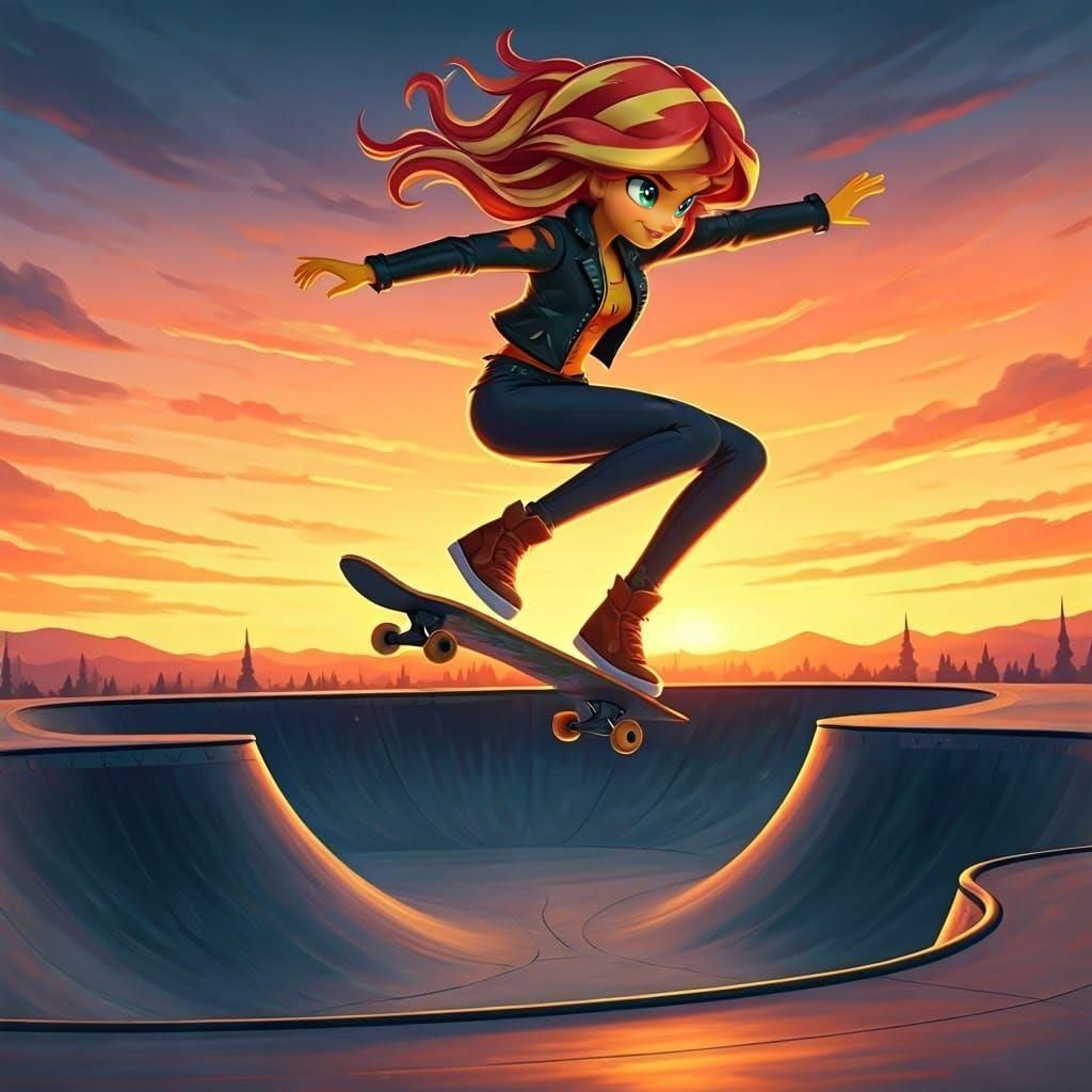 Girl on Skateboard in Park, Hyperdetailed Digital Art